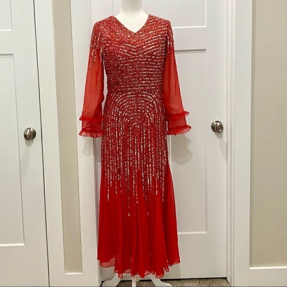 Vintage Red long-sleeve  beaded and sequined chiffon evening dress